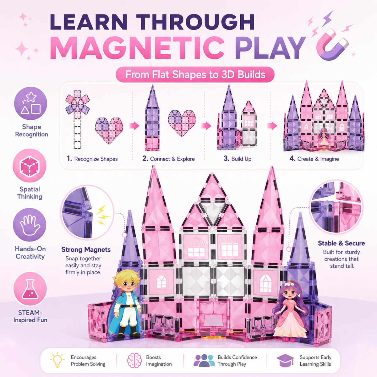 66-Piece Magnetic Tiles Princess Castle Building Blocks STEM Toy