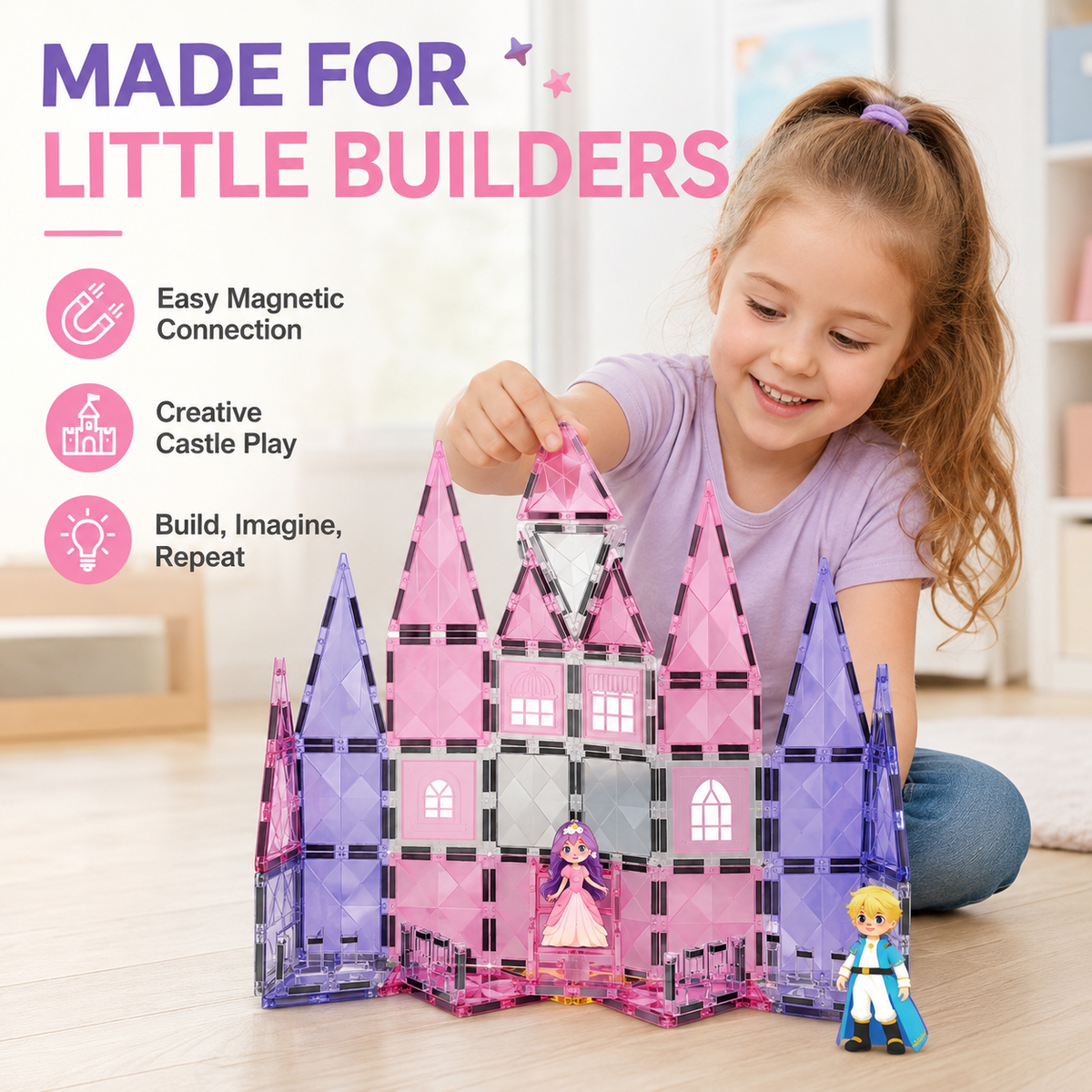 66-Piece Magnetic Tiles Princess Castle Building Blocks STEM Toy