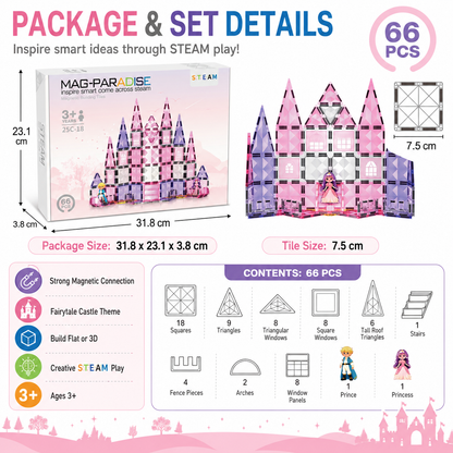 66-Piece Magnetic Tiles Princess Castle Building Blocks STEM Toy