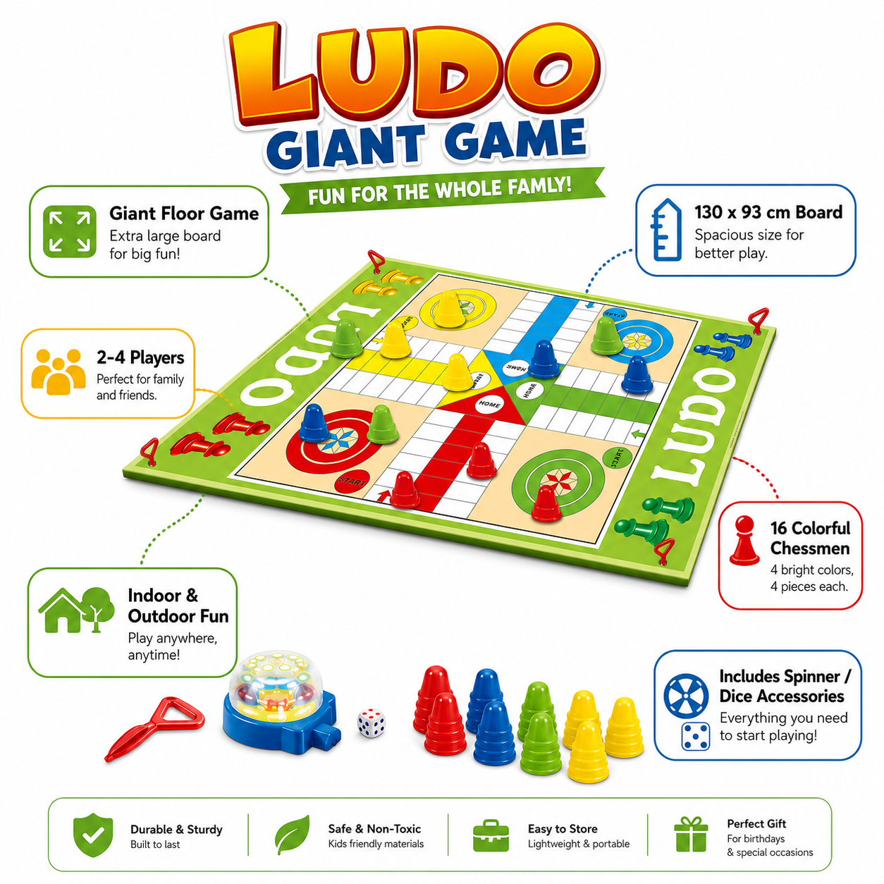 Giant Ludo game retail box showing game features and contents for kids in Kuwait
