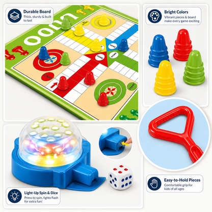 Giant Ludo floor mat game with electronic light-up spinner and colorful playing pieces