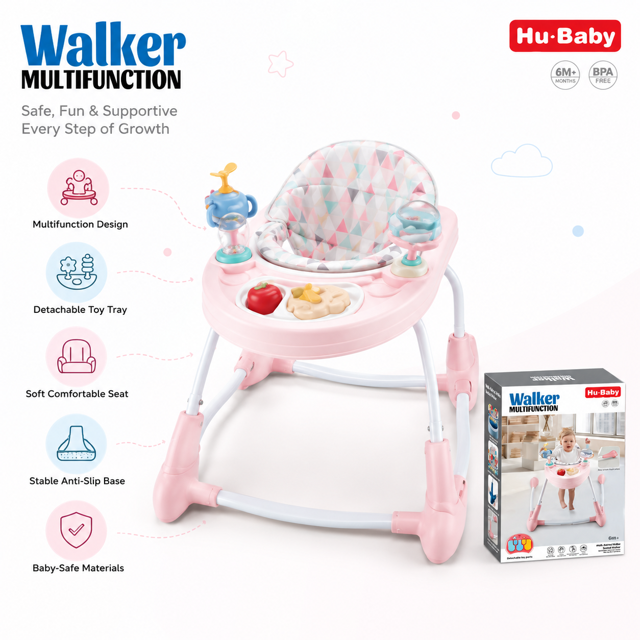 Foldable baby walker features: detachable toy tray, soft seat, anti-slip base in Kuwait
