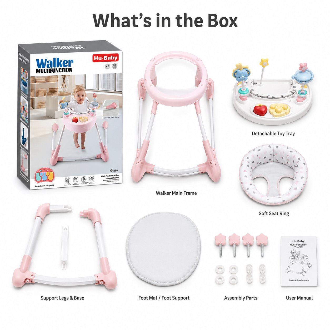 Foldable baby walker box contents: frame, toy tray, seat ring and parts in Kuwait