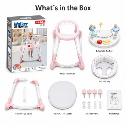 Foldable baby walker box contents: frame, toy tray, seat ring and parts in Kuwait