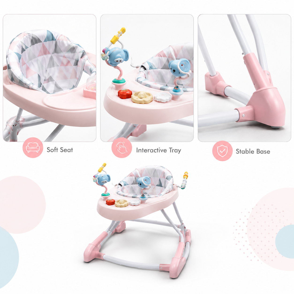 Pink baby walker close-up: soft seat, interactive toy tray and stable base in Kuwait