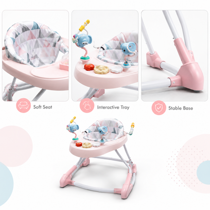 Pink baby walker close-up: soft seat, interactive toy tray and stable base in Kuwait