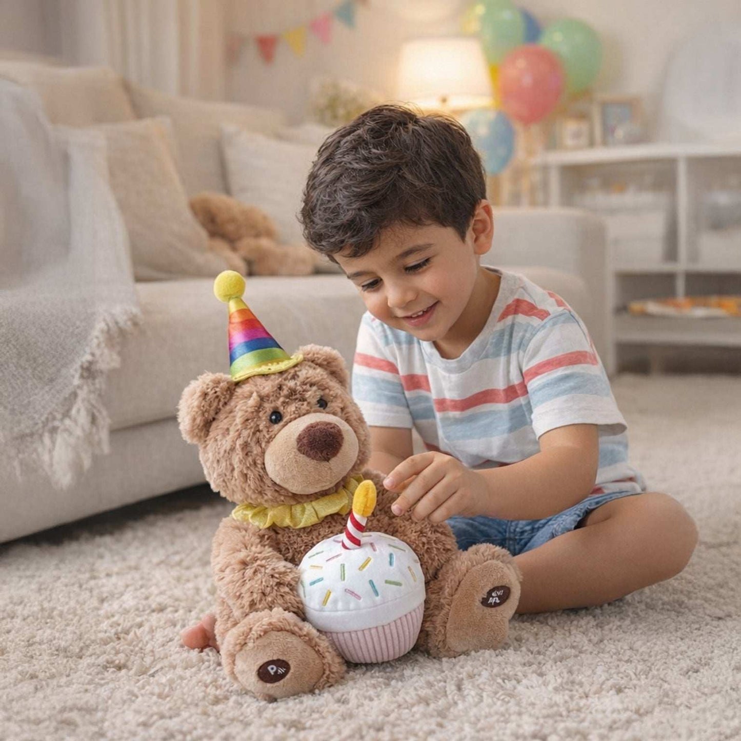 Child hugging a 14-inch party shake birthday bear plush toy