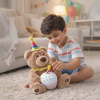 Child hugging a 14-inch party shake birthday bear plush toy