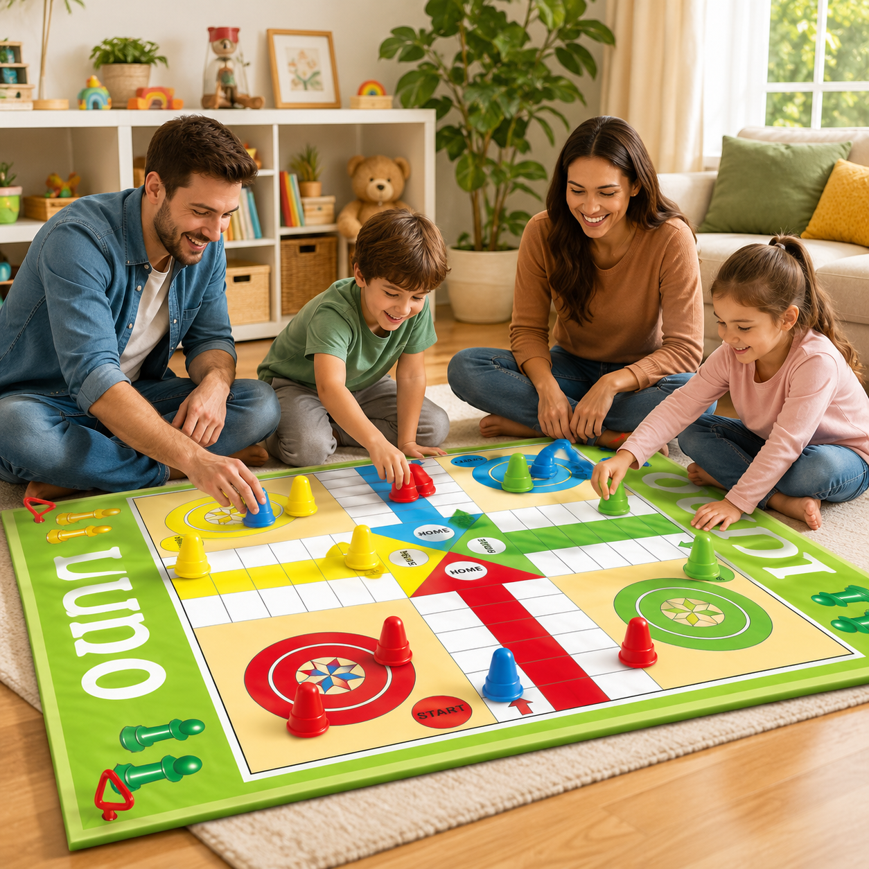 Family and kids playing giant Ludo and Snakes and Ladders floor mat game together