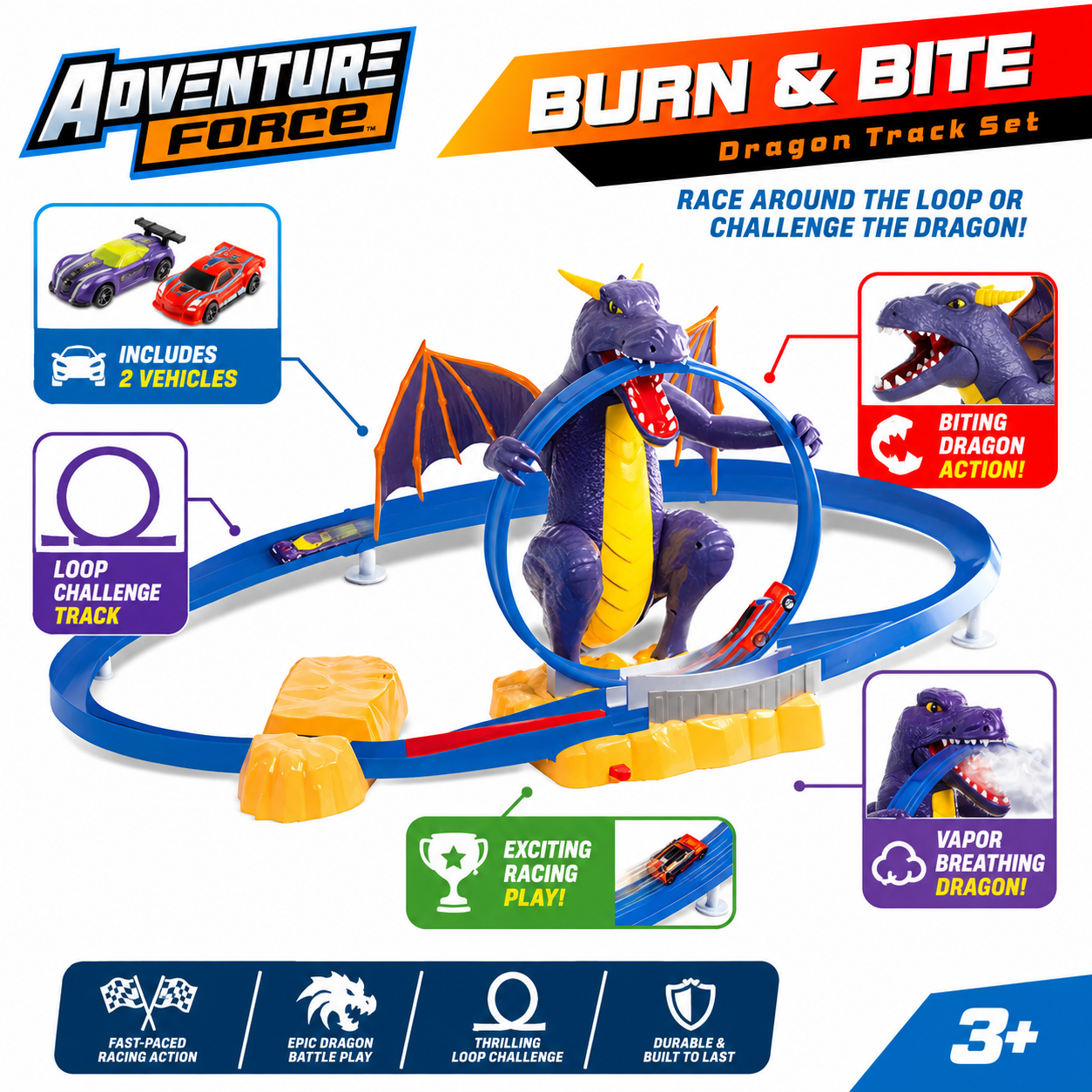 Burn and Bite dragon track set overview with blue loop track and motorized purple dragon