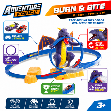 Burn and Bite dragon track set overview with blue loop track and motorized purple dragon