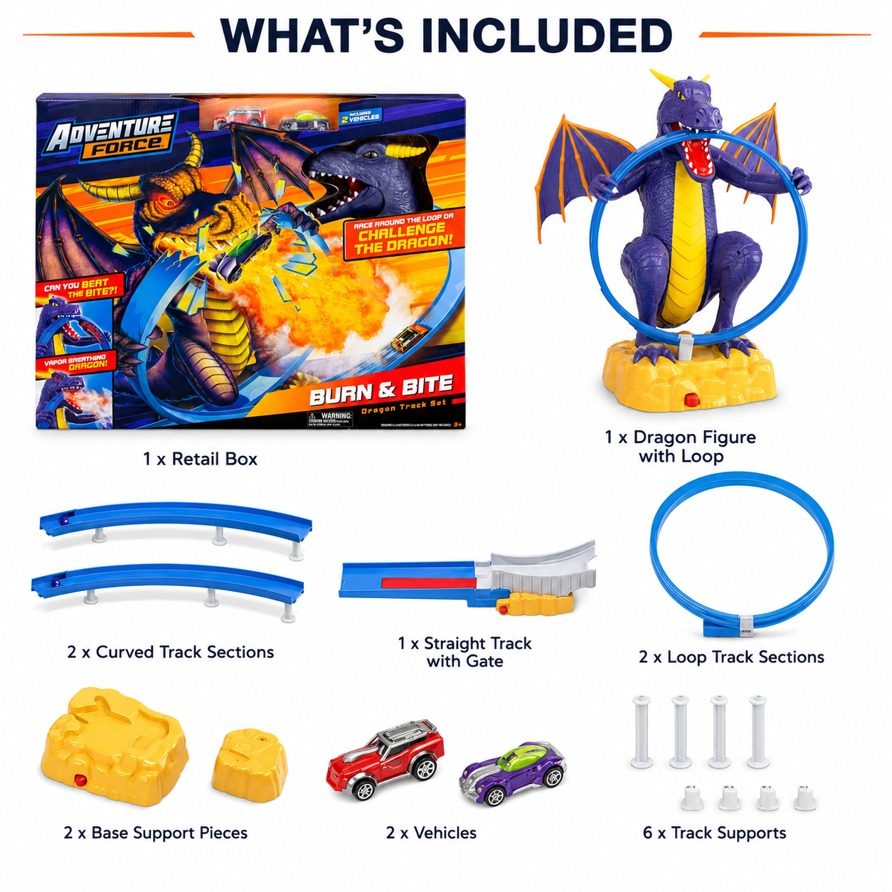 What's included in the Burn and Bite dragon track set: track pieces, dragon, and 2 toy cars