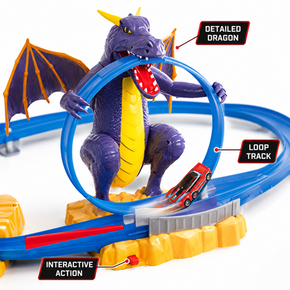 Purple vapor-breathing dragon holding the upside-down loop on the blue race track