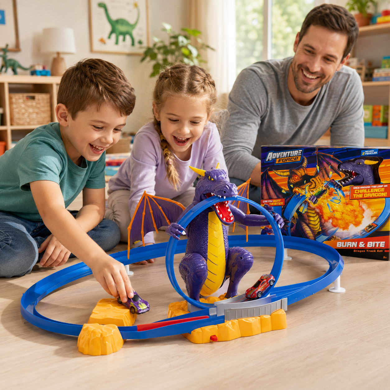 Kids playing with the Adventure Force Burn and Bite dragon race track set