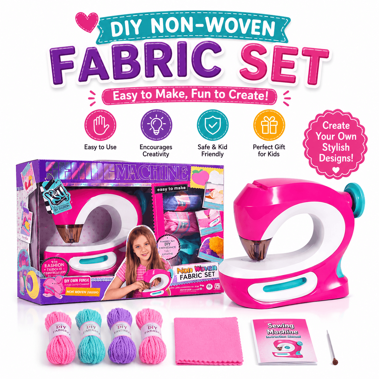 Sewing machine kit contents with 18 accessories displayed