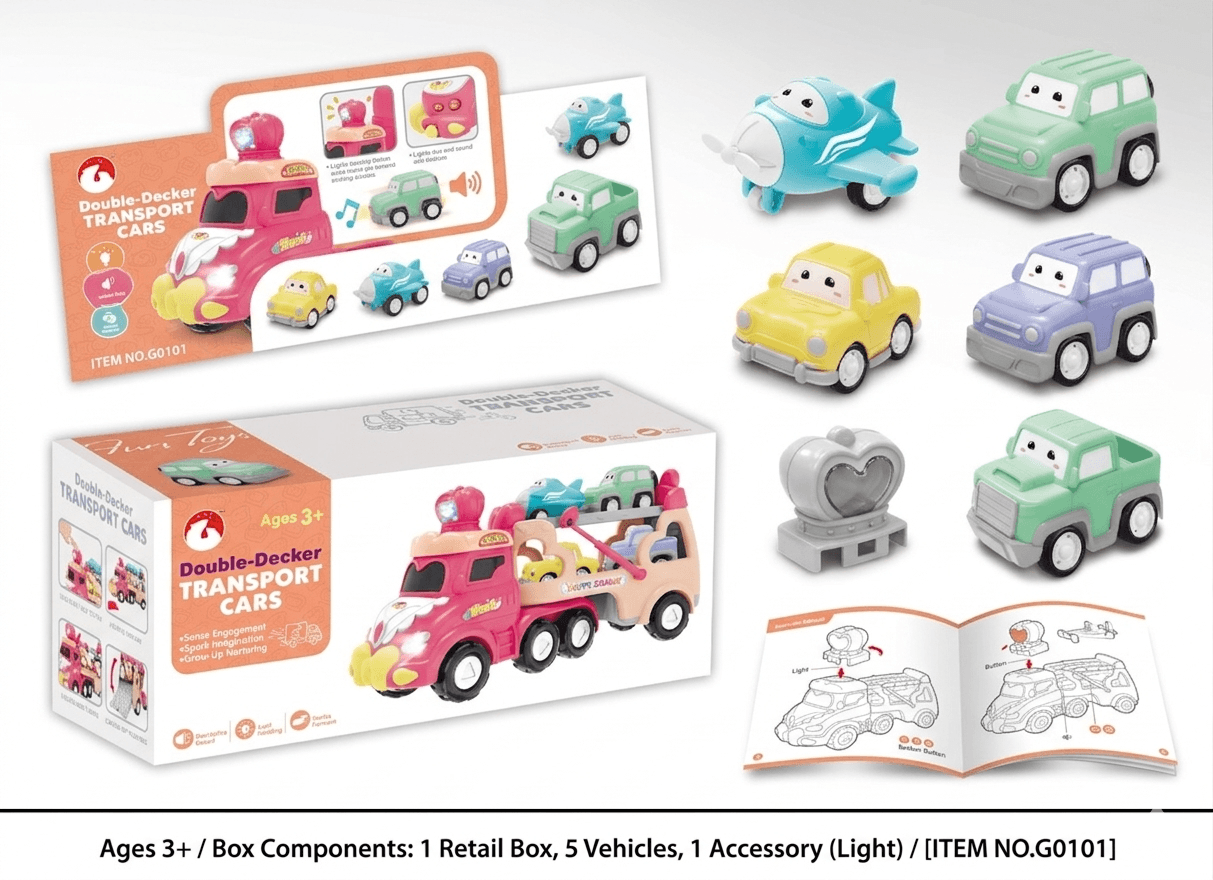 Double Decker Transport Cars And 1 Plane Set product details for kids in Kuwait