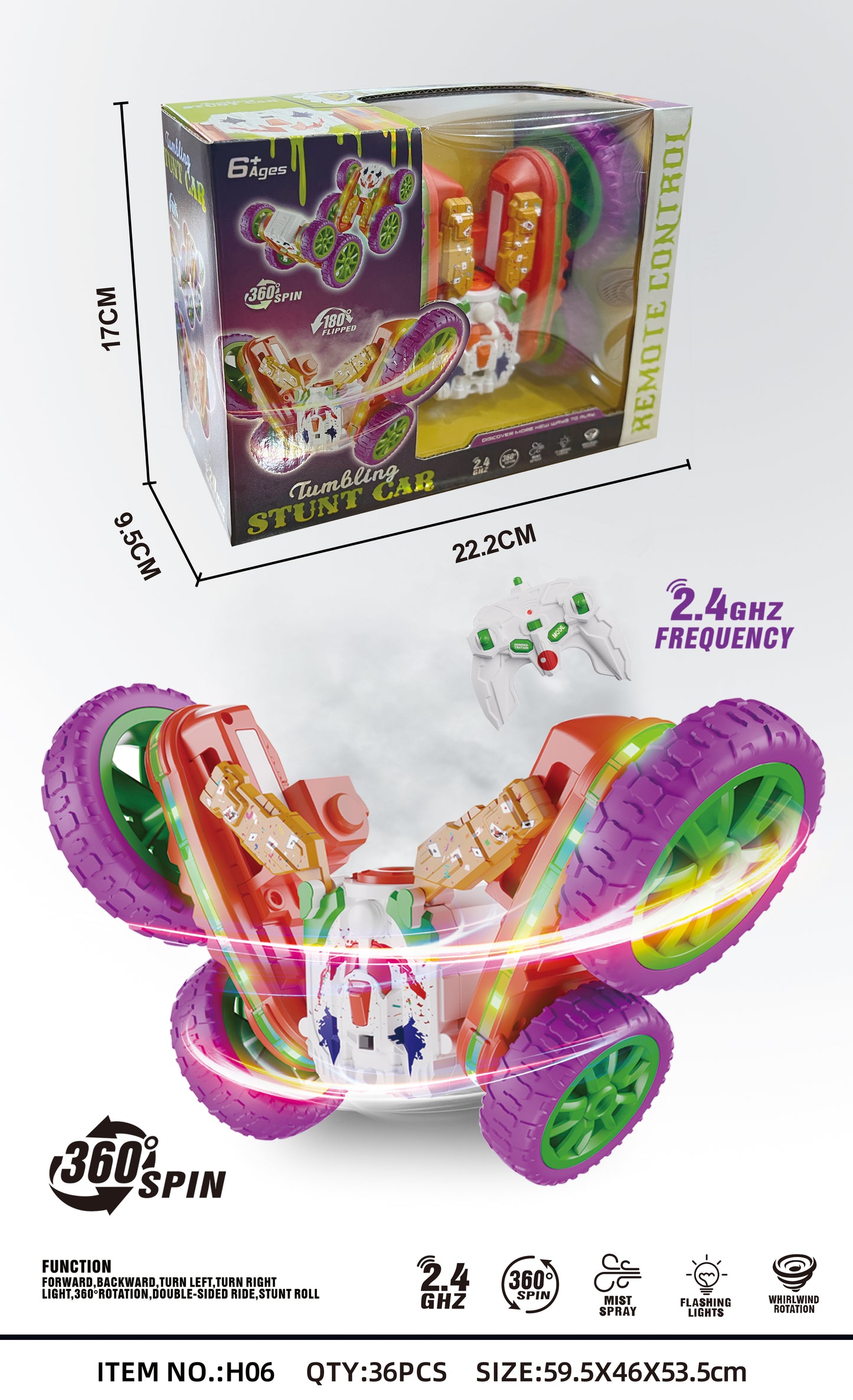 6 Function Remote Control Stunt Car With Light For Kids