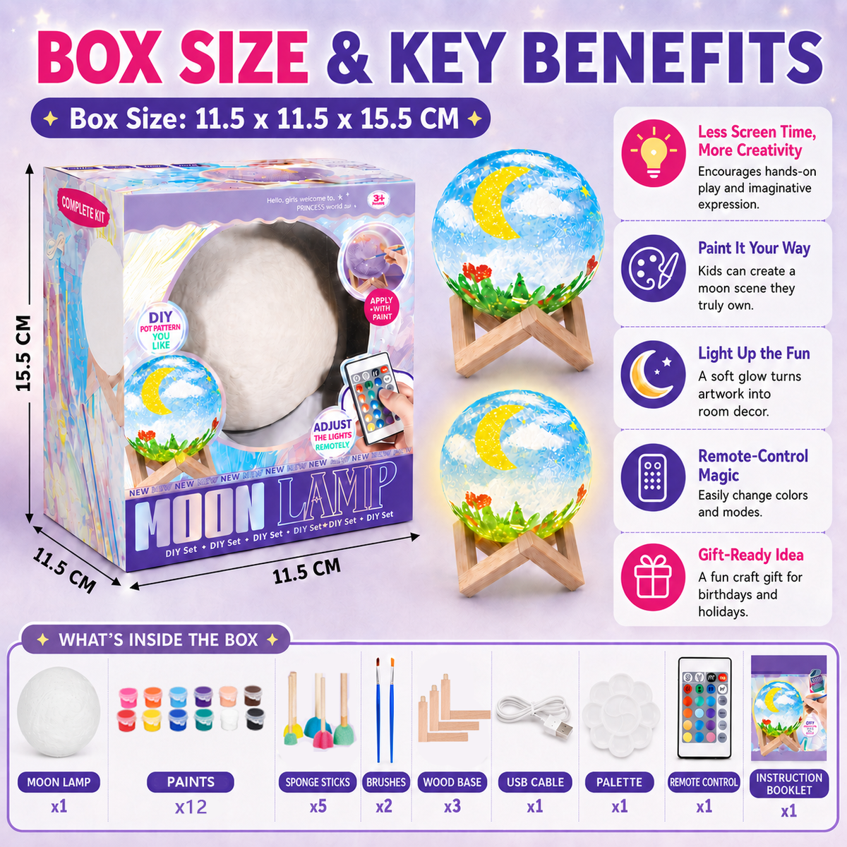 Paint Your Own Moon Lamp Kit – USB Rechargeable DIY Craft Toy for Kids