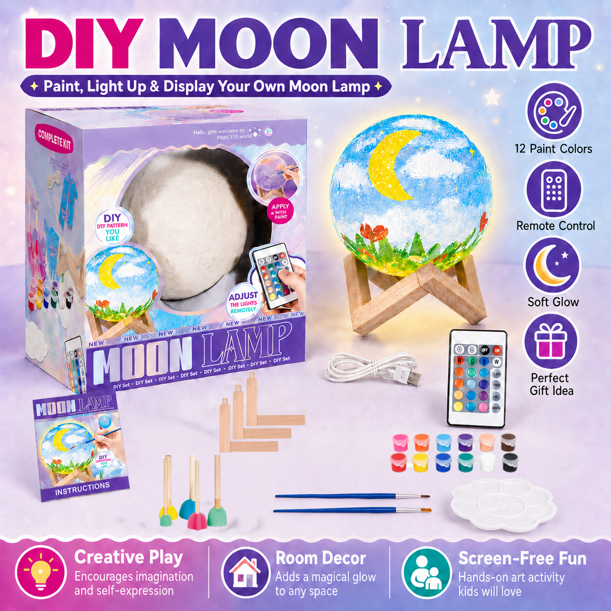 Paint Your Own Moon Lamp Kit – USB Rechargeable DIY Craft Toy for Kids