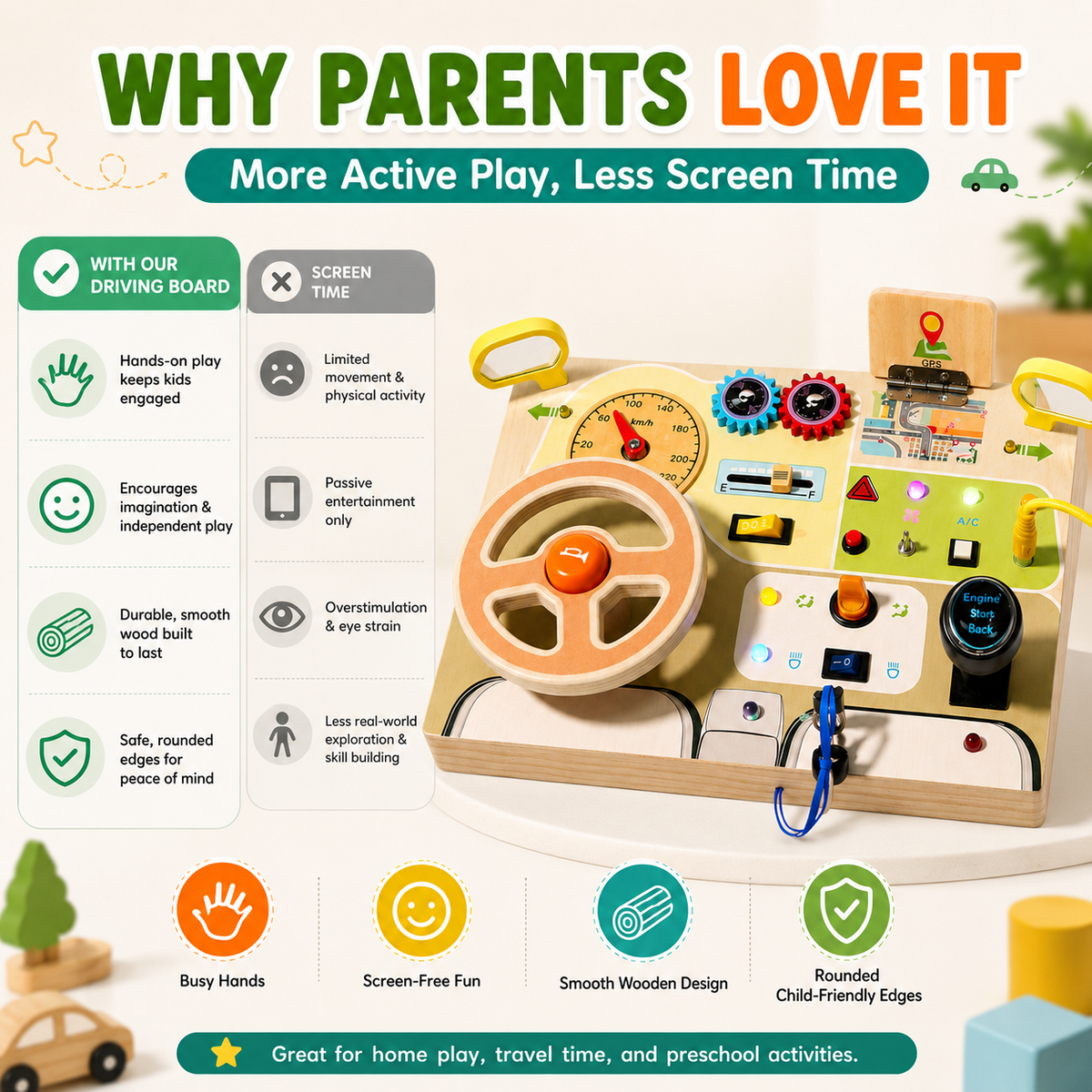 Montessori Wooden Busy Board with Light Switch – Sensory Toy for Toddlers