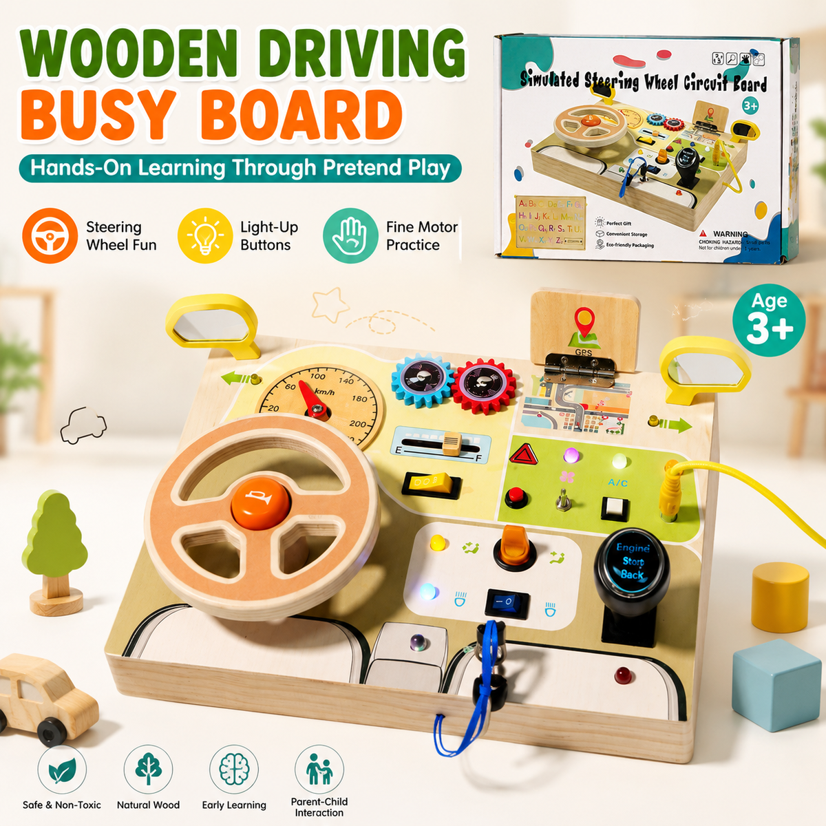 Montessori Wooden Busy Board with Light Switch – Sensory Toy for Toddlers