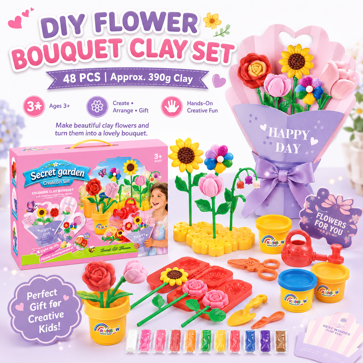 Clay Flower Plant Play Set – 48-Piece Modeling Dough Kit for Kids