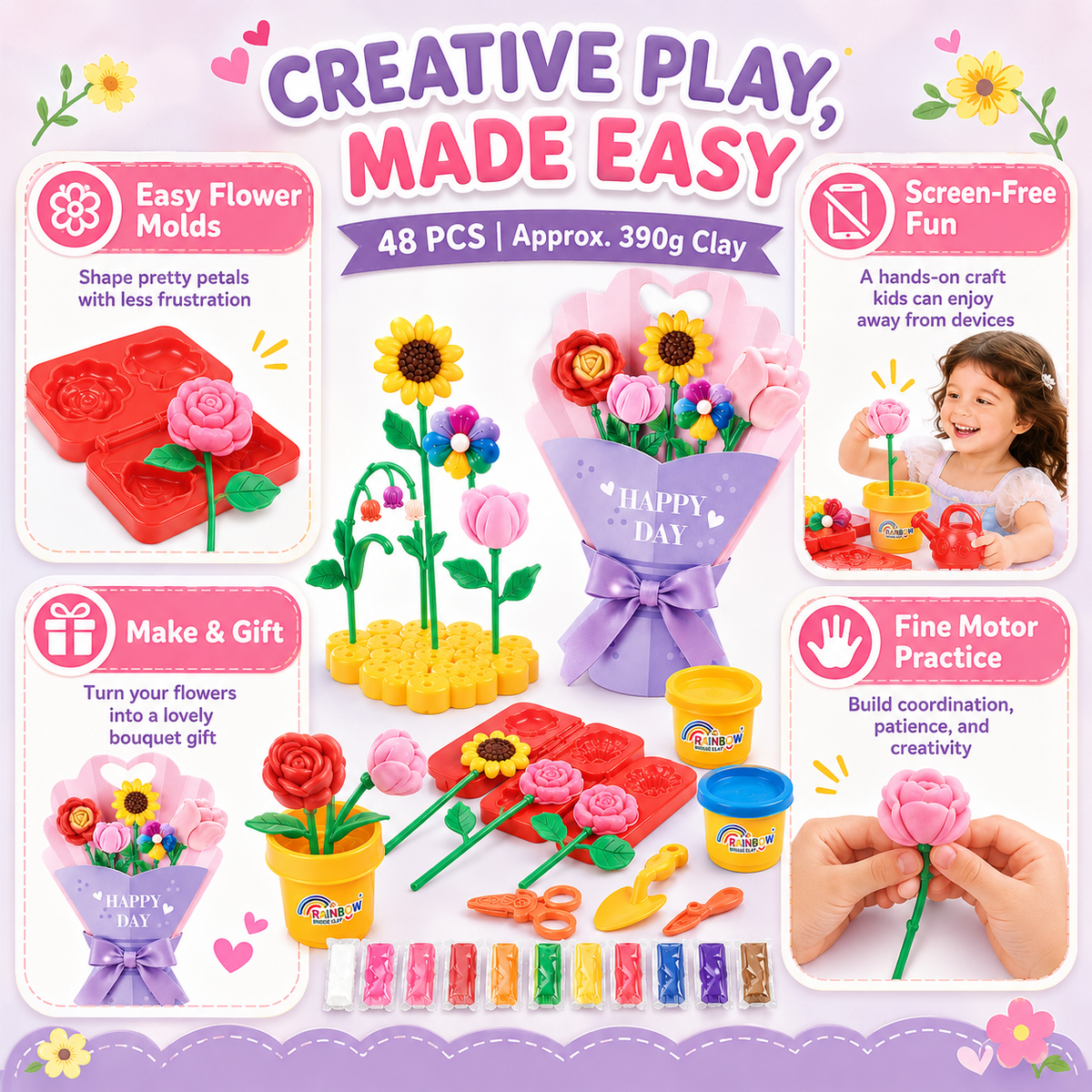 Clay Flower Plant Play Set – 48-Piece Modeling Dough Kit for Kids