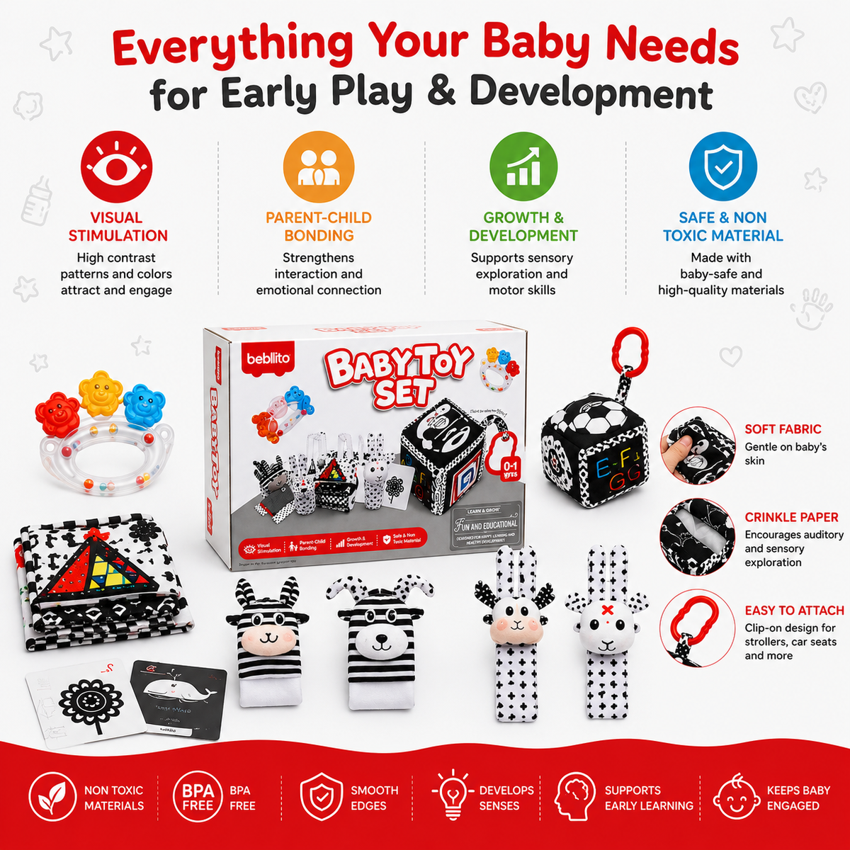 Baby Sensory Toy Gift Set – Rattles, Teethers & Cloth Book