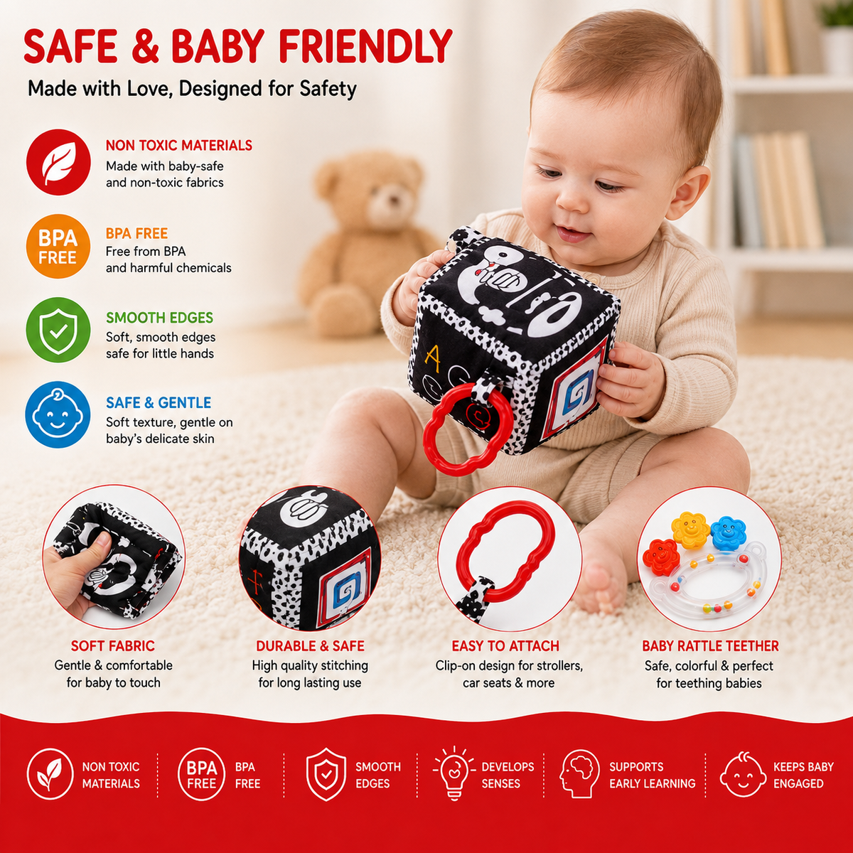 Baby Sensory Toy Gift Set – Rattles, Teethers & Cloth Book