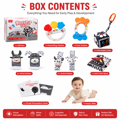 Baby Sensory Toy Gift Set – Rattles, Teethers & Cloth Book
