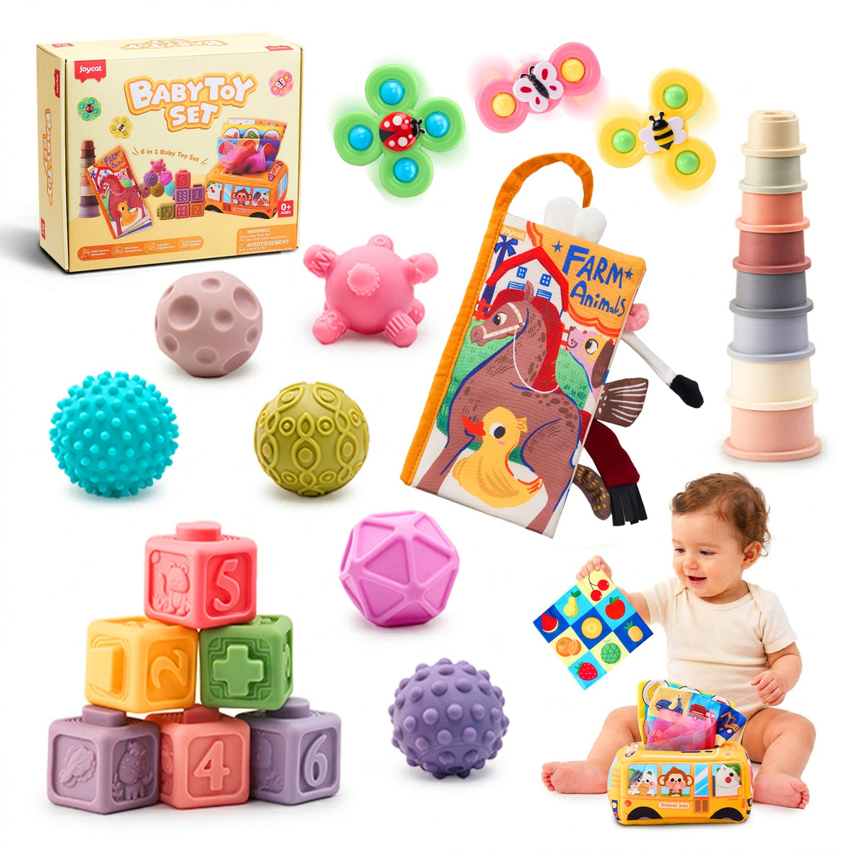 Colorful baby sensory toys and teethers