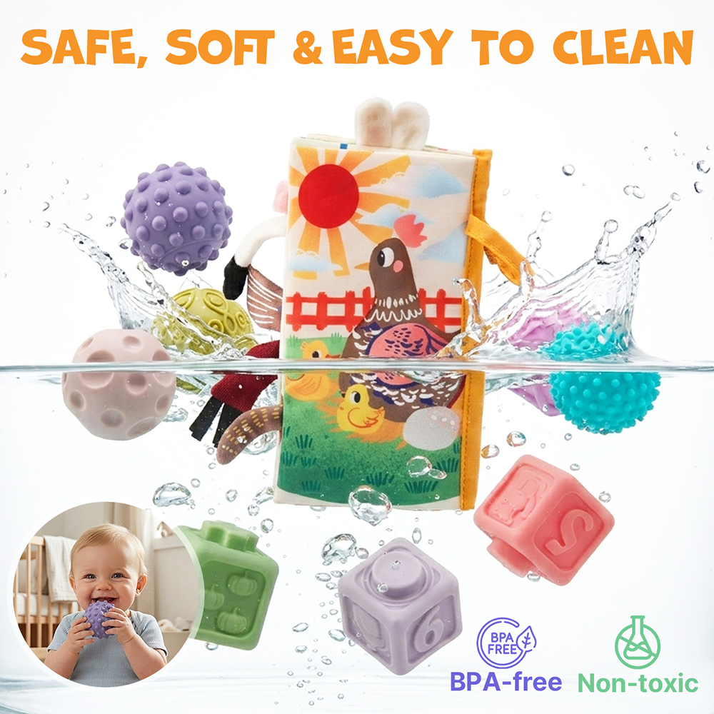 Baby Sensory Toy Gift Set – Rattles, Teethers & Cloth Book