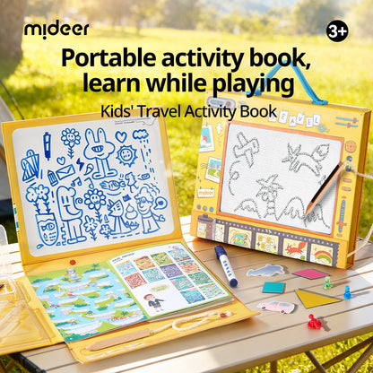 Logic maze and shadow matching activity pages in travel book