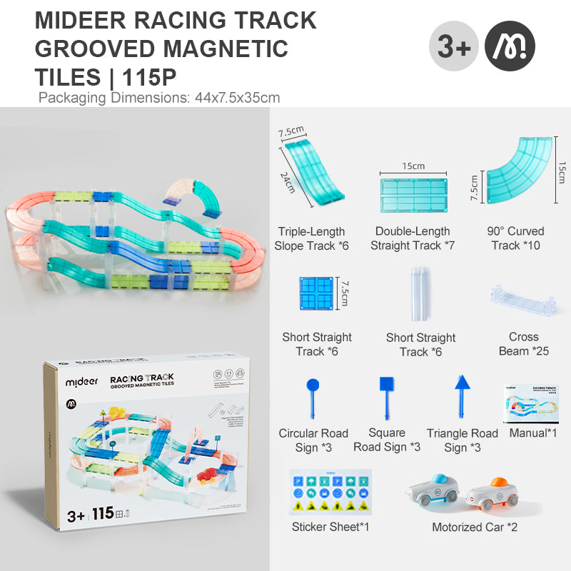Child building railway tracks with magnetic tiles and train pieces