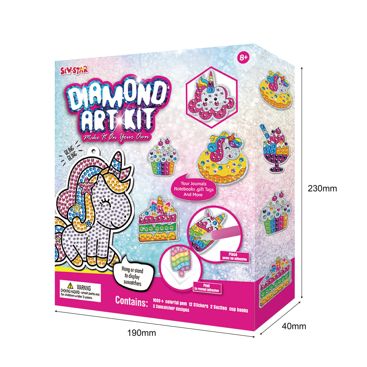 Colorful unicorn design covered with sparkling crystal gems - finished diamond art