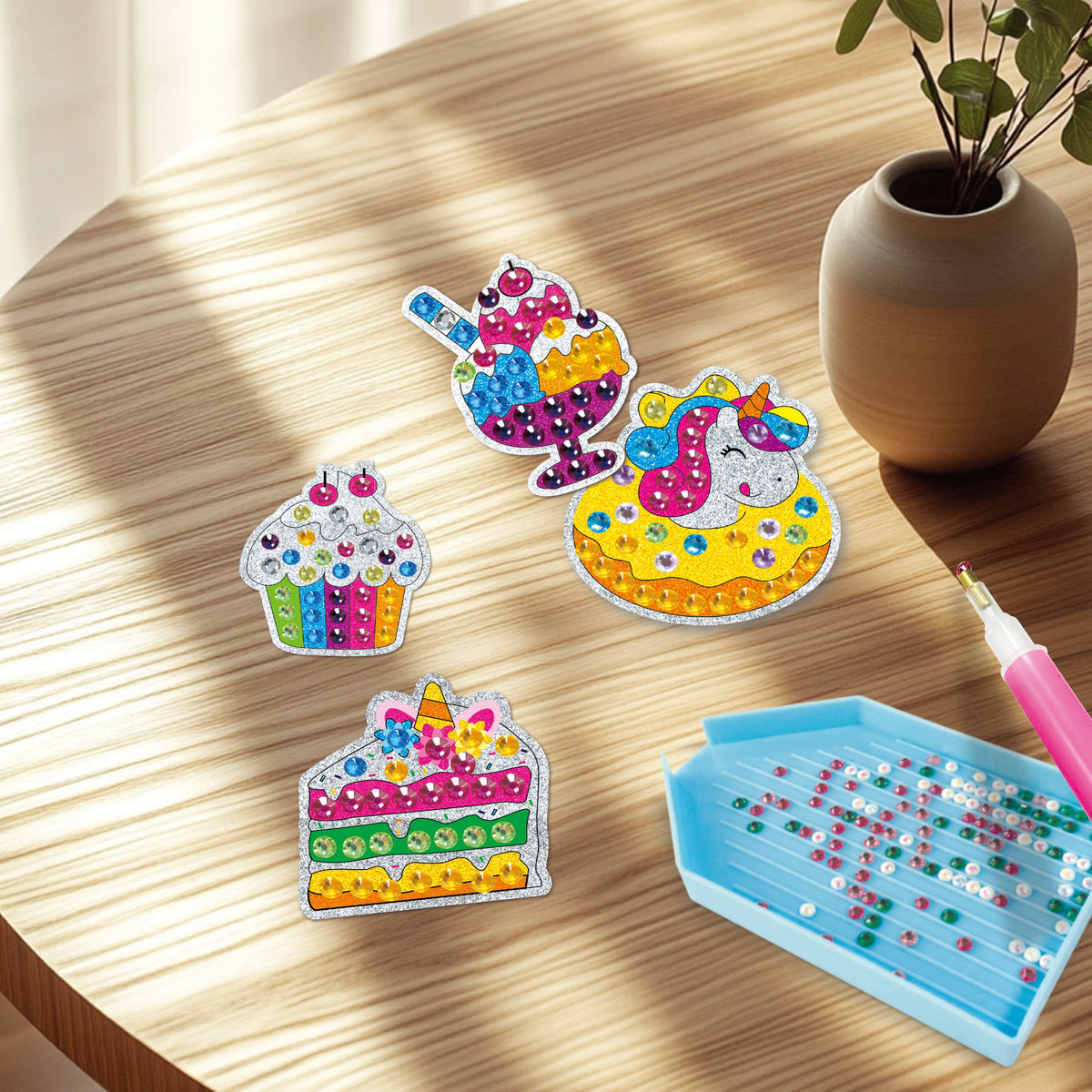 Child creating diamond art by placing colorful gem stickers on design template