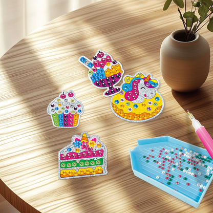 Child creating diamond art by placing colorful gem stickers on design template