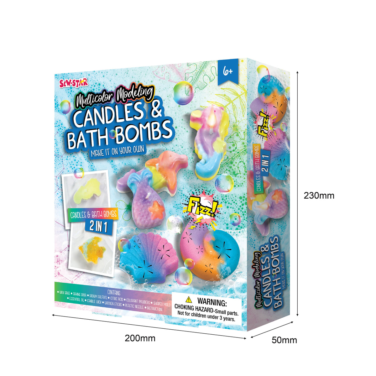 Child molding colorful candles and bath bombs with ocean-themed craft kit