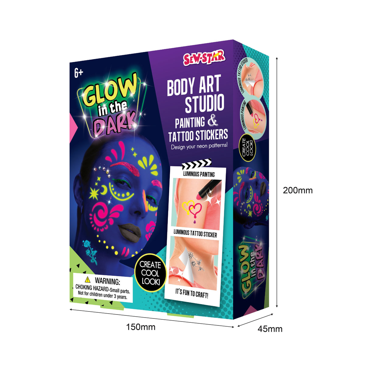 Child wearing glow-in-the-dark tattoo designs created with body art kit