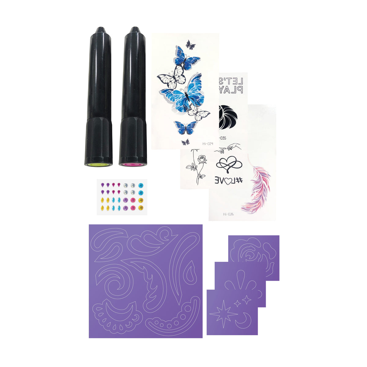 Glowing temporary tattoo designs on skin in dark light - educational craft toy