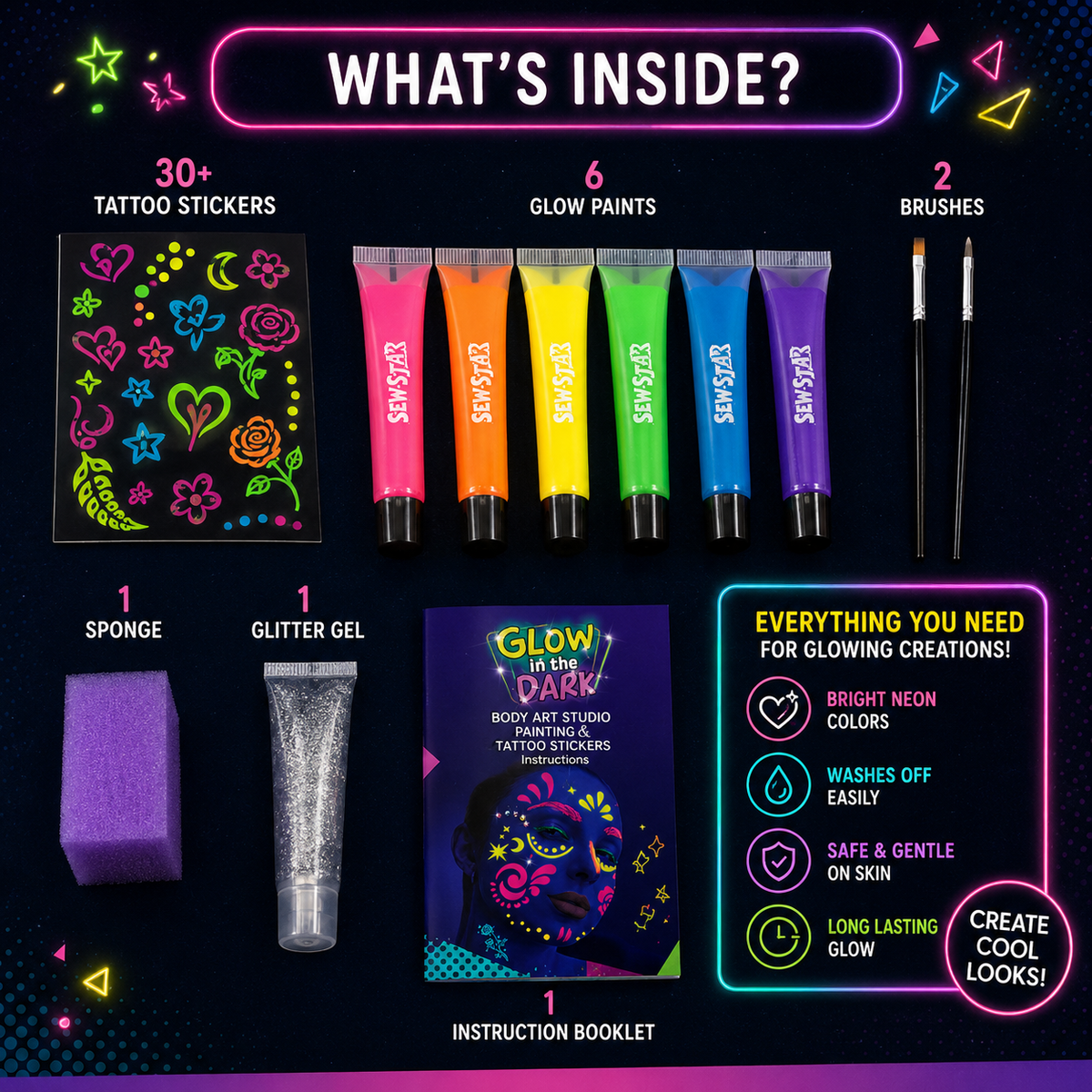 Package contents with tattoo templates and art supplies for kids