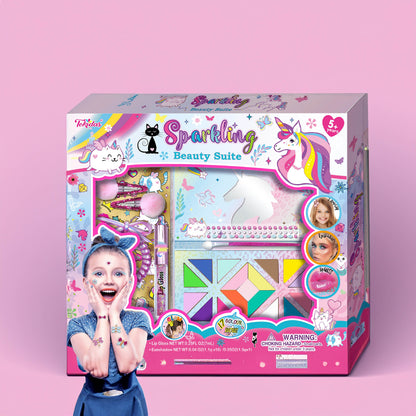 A colorful box packaging labeled "Unicorn Sparkling Beauty Suite" by GirlishGram.com showcases a range of beauty products, including 17 Multi-Coloured Eyeshadow, lip gloss, and blush. The box is decorated with playful illustrations of unicorns, flowers, and a cat. A child with face paint appears excited in the bottom left corner.