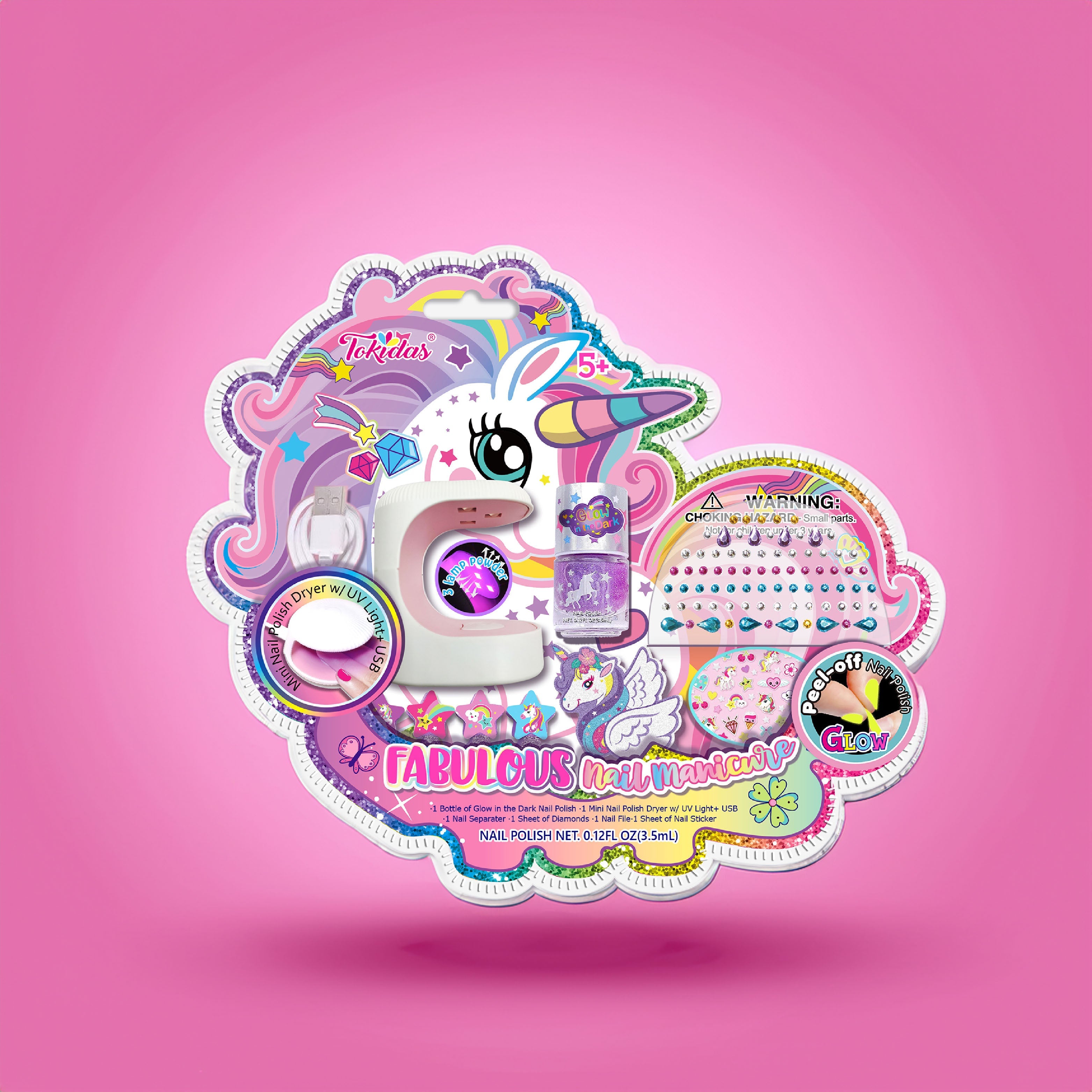 The Unicorn Fabulous Nail Manicure Glow in the Dark kit by GirlishGram.com is showcased against a pink background. The packaging boasts vibrant stickers, a child-sized white unicorn-shaped nail dryer, and an assortment of nail polish colors, including some that glow in the dark. This product is designed for children aged 5 and up.