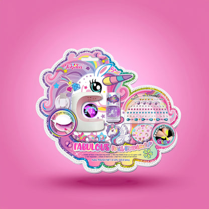 The Unicorn Fabulous Nail Manicure Glow in the Dark kit by GirlishGram.com is showcased against a pink background. The packaging boasts vibrant stickers, a child-sized white unicorn-shaped nail dryer, and an assortment of nail polish colors, including some that glow in the dark. This product is designed for children aged 5 and up.