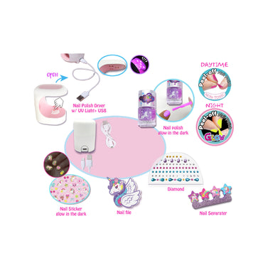 Image showcasing the "Unicorn Fabulous Nail Manicure Glow in the Dark" kit by GirlishGram.com, which includes a mini nail polish dryer, glow-in-the-dark nail polish, daytime and nighttime nail stickers, a nail file, diamond-shaped decorations, unicorn-design nail separators, and a variety of decorative nail stickers.