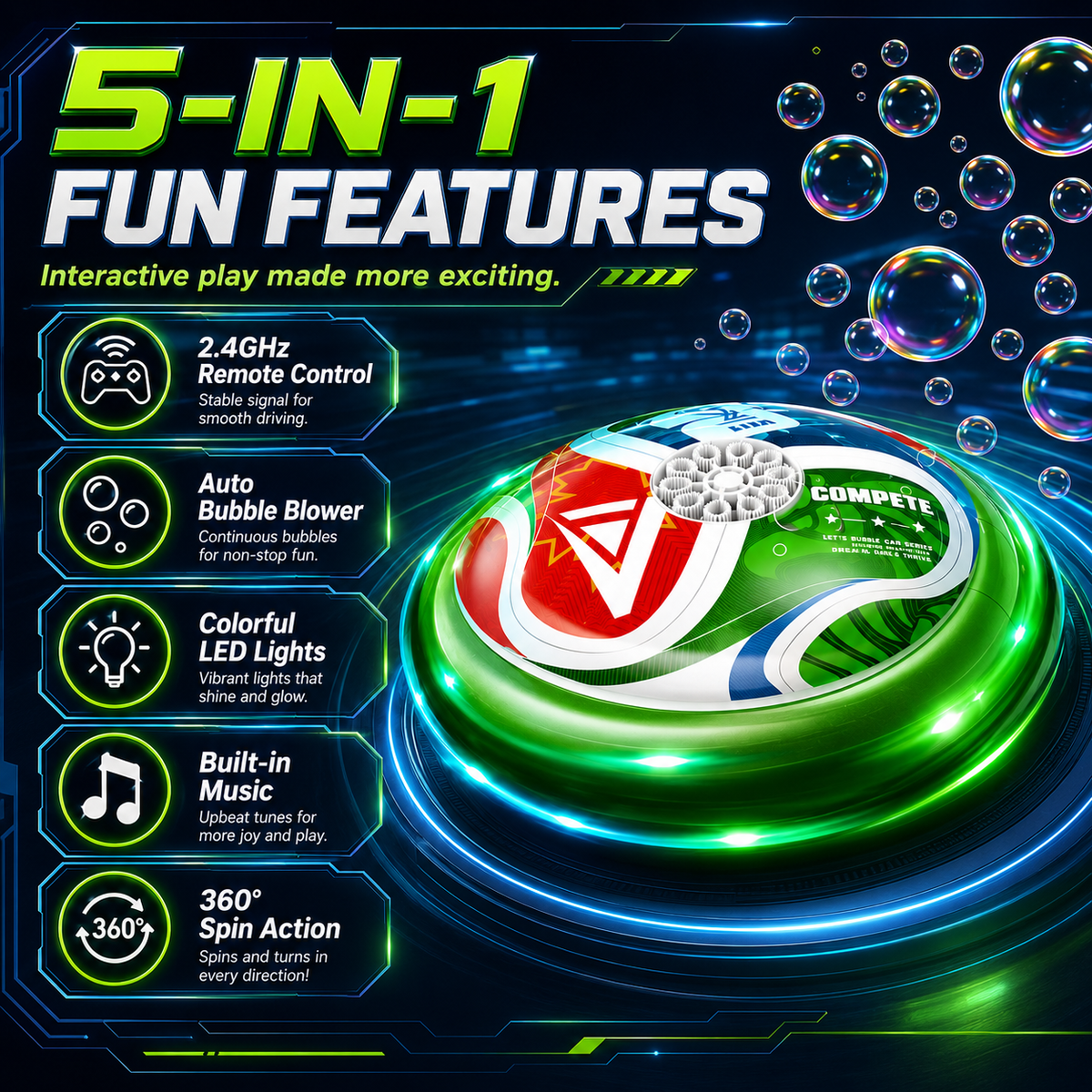 2-in-1 RC Bubble Machine Car with Lights – Remote Control Toy for Kids