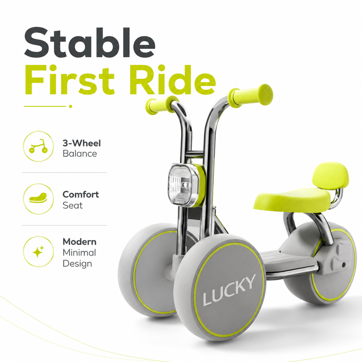 3-Wheel Toddler Balance Bike / Seated Scooter with Lights & Music (Green)