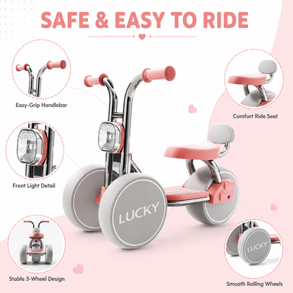 3-Wheel Toddler Balance Bike / Seated Scooter with Lights & Music (Pink)