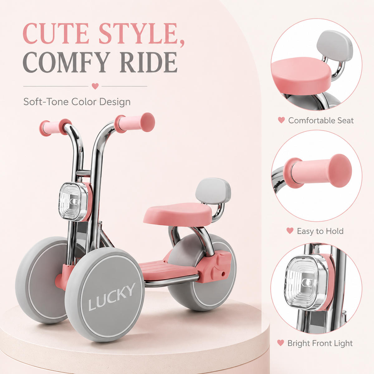 3-Wheel Toddler Balance Bike / Seated Scooter with Lights & Music (Pink)