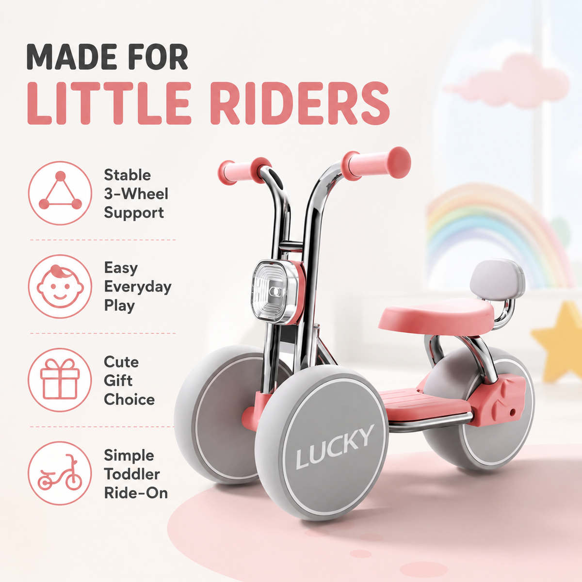 3-Wheel Toddler Balance Bike / Seated Scooter with Lights & Music (Pink)